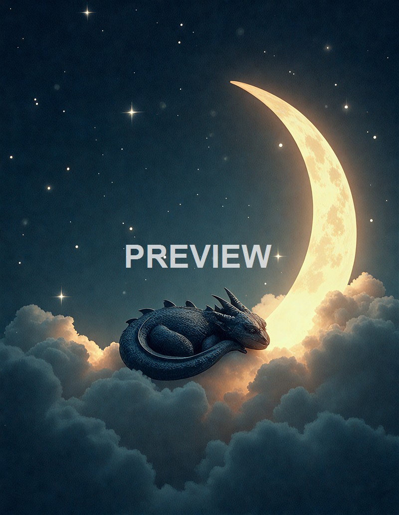 A fantasy scene featuring a dragon curled up on a cloud, with a glowing crescent moon and stars in the night sky.